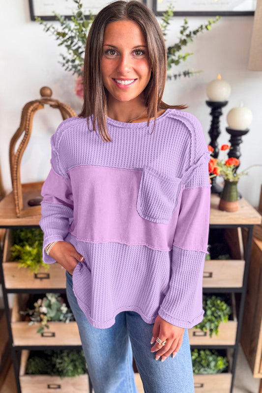 Phalaenopsis Thermal Waffle Knit Patchwork Long Sleeve Top