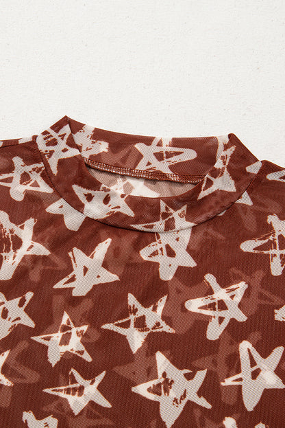 Red Star Print Mock Neck Slim Fit Top