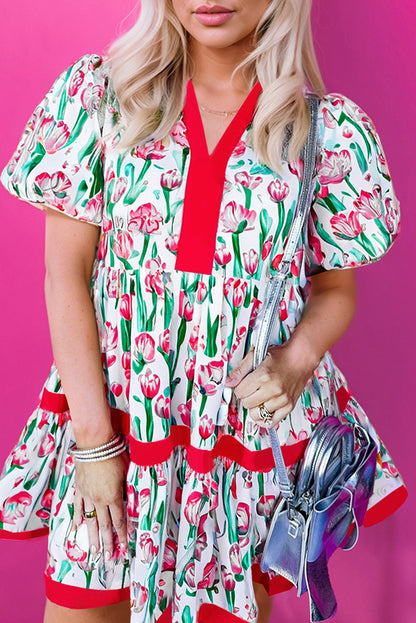 Pink Floral Print Bubble Sleeve Babydoll Pop of Color Neckline Dress