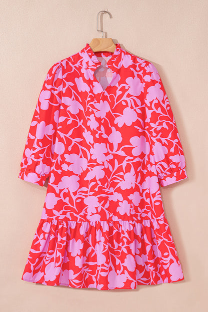 Red Floral 3/4 Sleeve Ruffle Hem Mini Dress