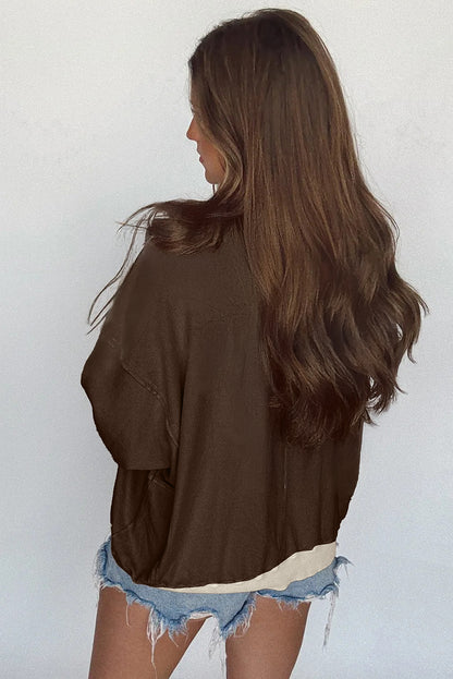 Smoke Green Raw Edge Flower Patch Drop Shoulder Long Sleeve Top