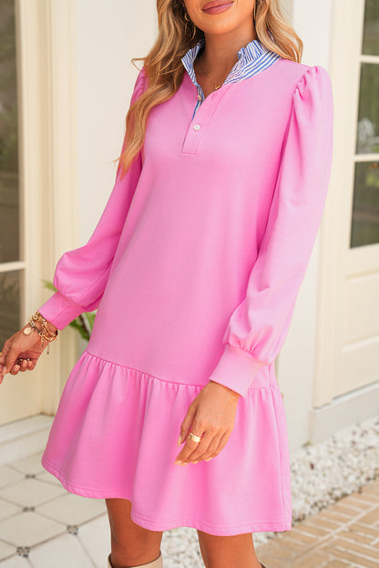 Pink Striped Collar Long Sleeve Ruffle Hem Dress