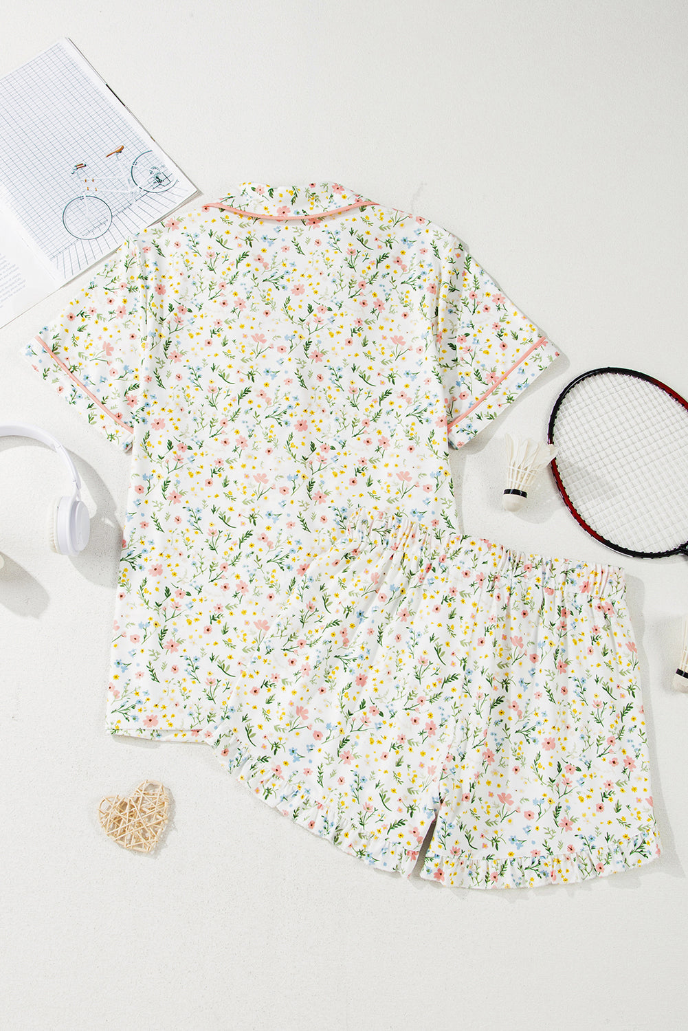 Beige Floral Print Ruffle Hem Shorts Pajama Set