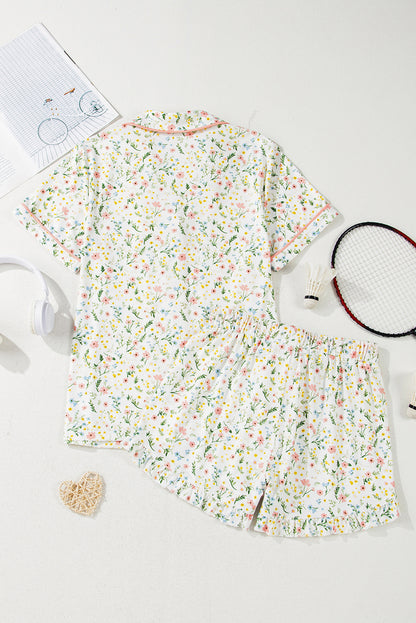 Beige Floral Print Ruffle Hem Shorts Pajama Set
