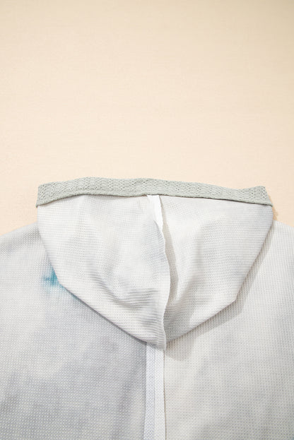 Pink Tie-dye Floral Textured Colorblock Patchwork Lantern Sleeve Hooded Top