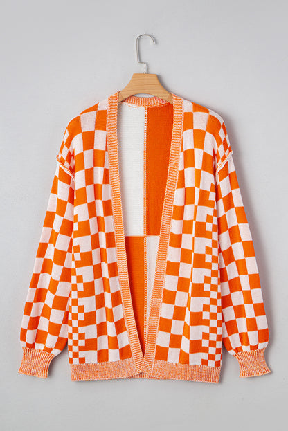 Black Checkered Open Front Drop Shoulder Cardigan