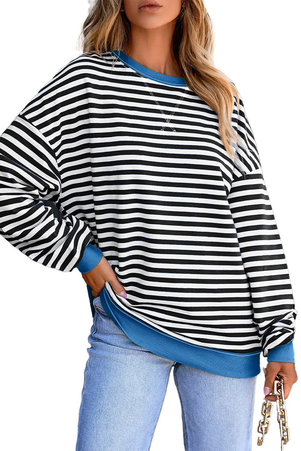 Red Stripe Contrast Ribbed Trim Crossed Stitch Drop Shoulder Sweatshirt