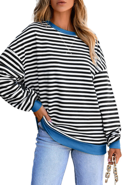 Red Stripe Contrast Ribbed Trim Crossed Stitch Drop Shoulder Sweatshirt