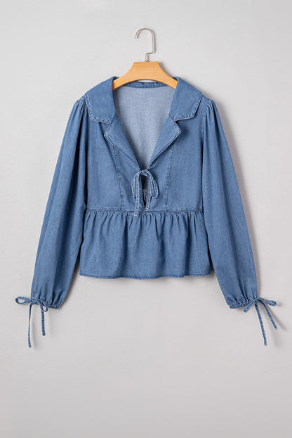 Dusk Blue Denim Lapel Neck Balloon Sleeve Tied Peplum Top