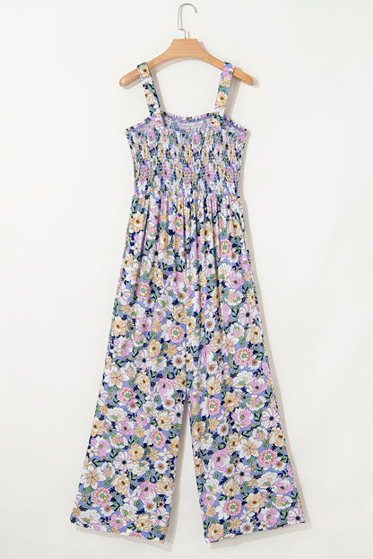 Black Floral Square Neckline Stretch High Waist Jumpsuit