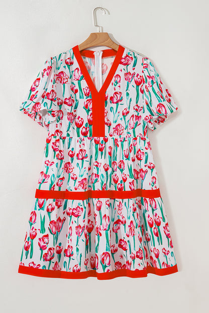 Pink Floral Print Bubble Sleeve Babydoll Pop of Color Neckline Dress
