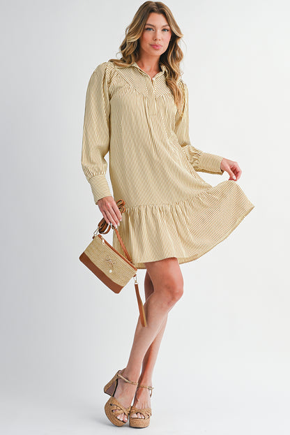 Brown Striped Shirt Collar Ruffle Hem Long Sleeve Dress