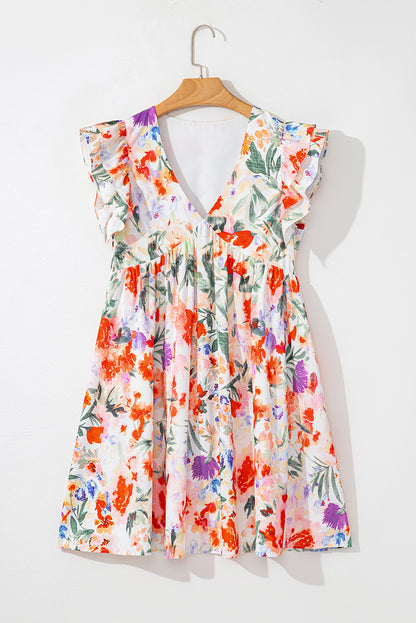 Pink Floral Ruffle Sleeve V Neck High Waist Mini Dress