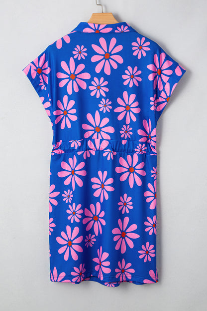 Purple Pop of Color Quarter Zip Collar Drawstring Waist Floral Mini Dress