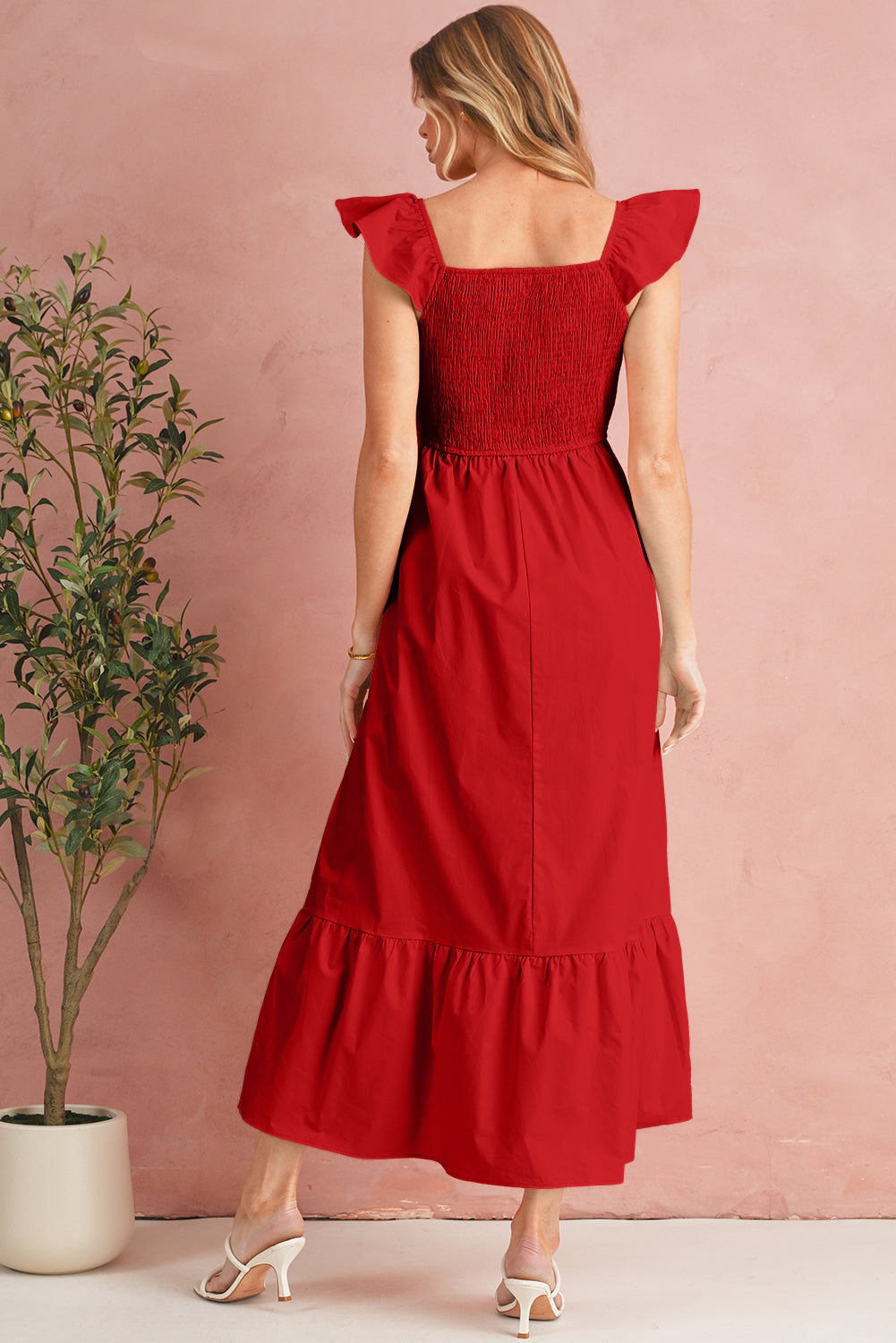 Apricot Pink V Neck Flutter Sleeve Smocked Bodice High Waist Ruffle Maxi Dress