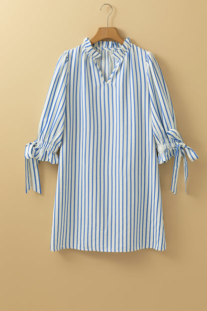 Sky Blue Striped Notched Neck Knot Cuffs Mini Dress