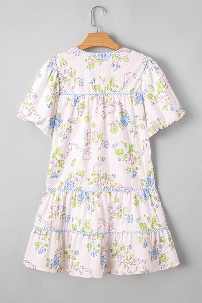 Pink Floral Striped Print Contrast Trim Tie Split Neck Mini Dress