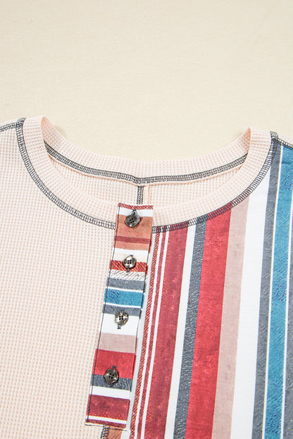 Beige Striped Waffle Patchwork Exposed Seam Raw Hem Knit Top