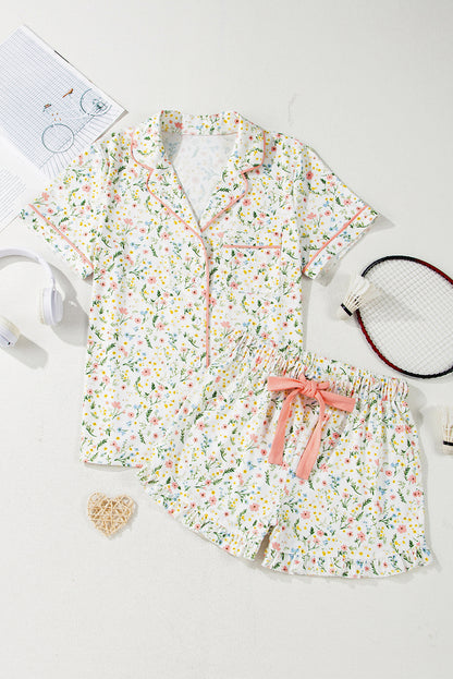 Beige Floral Print Ruffle Hem Shorts Pajama Set