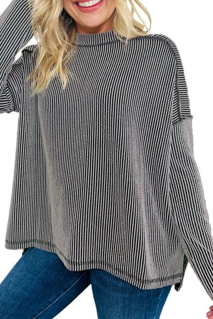 Parchment Twisted Rib Exposed Seam Detail Long Sleeve Loose Top