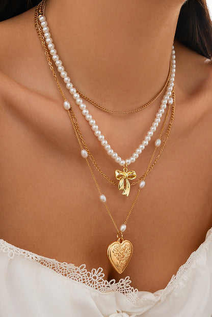 Gold Heart Pendant Pearl Chain Multi Layer Necklace