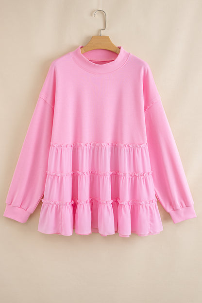 Pink Frill Tiered Patchwork Ribbed Trim Flowy Plus Size Top