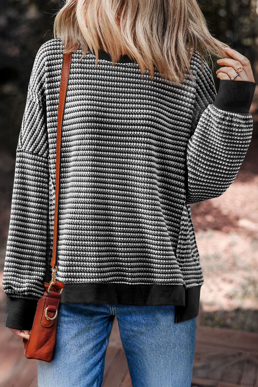 Red Stripe Ribbed Trim Drop Shoulder Long Sleeve Oversized Top