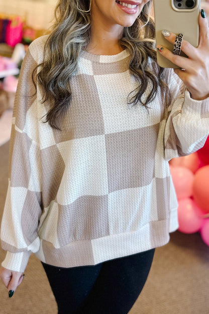 Khaki Breathable Textured Checkered Long Sleeve Top