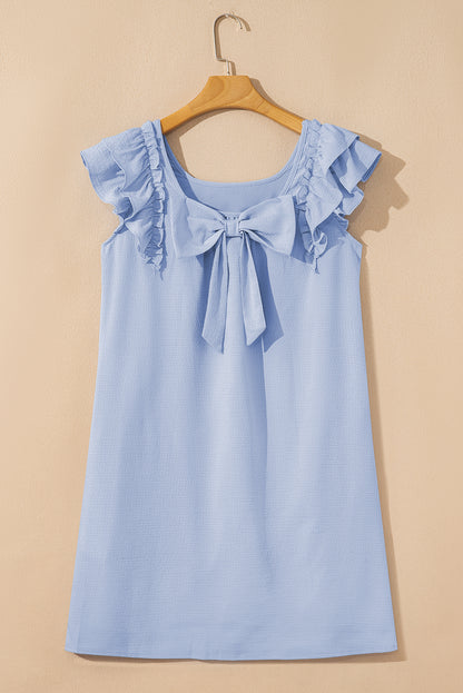 Light Pink Textured Flutter Sleeve Square Neck Bow Back Mini Dress