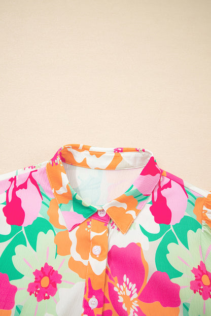 Green Floral Puff Sleeve Buttoned Babydoll Dress