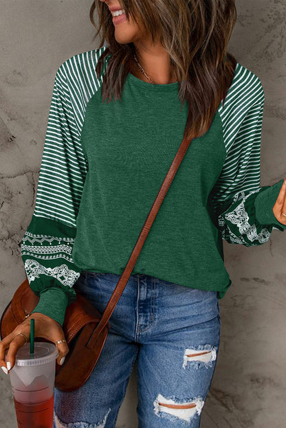 Brown Contrast Print Striped Raglan Long Sleeve Loose Top