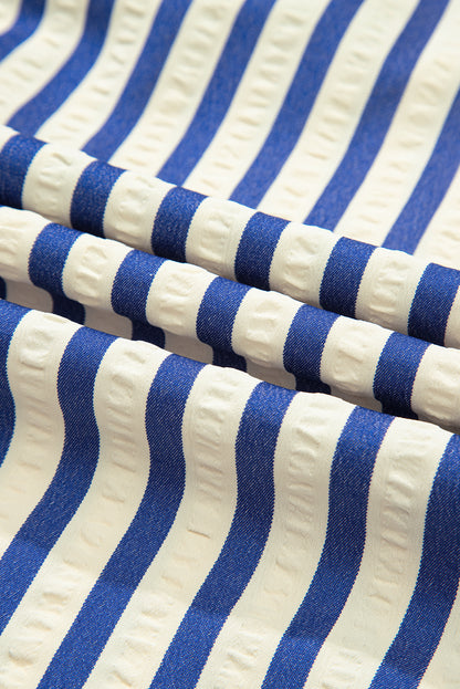 Blue Striped Collared Half Button Side Pockets Loose Fit Mini Dress