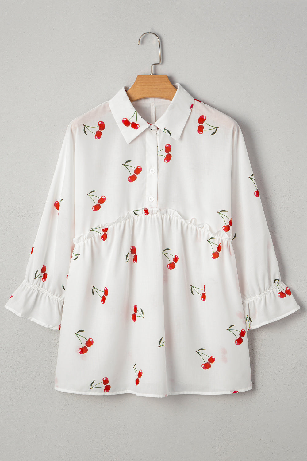 White Cherry Print Flounce Sleeve Collared Frilled Babydoll Blouse