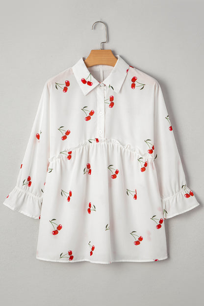White Cherry Print Flounce Sleeve Collared Frilled Babydoll Blouse