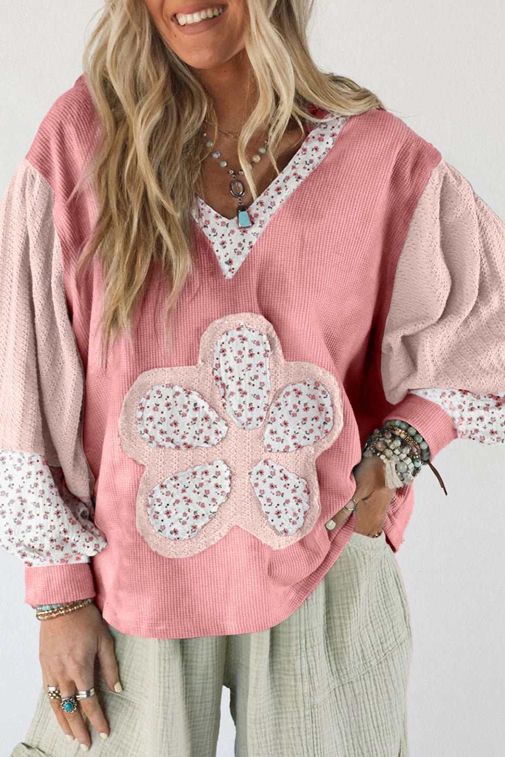 Pink Tie-dye Floral Textured Colorblock Patchwork Lantern Sleeve Hooded Top
