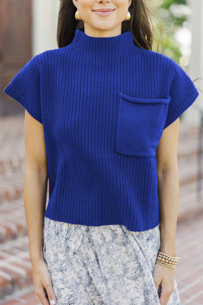 Green Patch Pocket Ribbed Knit Short Sleeve Sweater