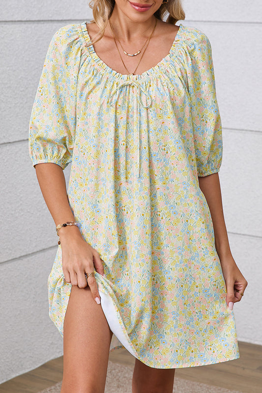 Green Floral Print Tie Neck Puff Sleeve Mini Dress