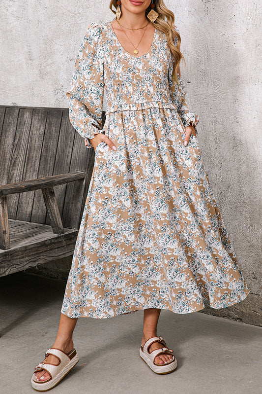 Khaki Floral Smocked Puff Sleeve Maxi Dress