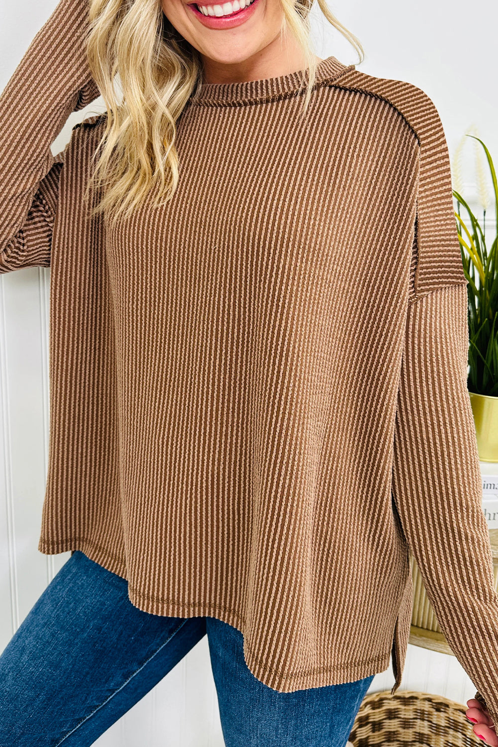 Parchment Twisted Rib Exposed Seam Detail Long Sleeve Loose Top