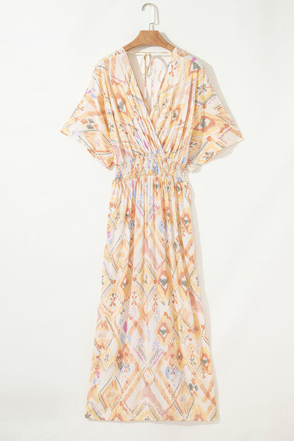 Multicolour Geometric Print Half Sleeve High Waist Maxi Dress