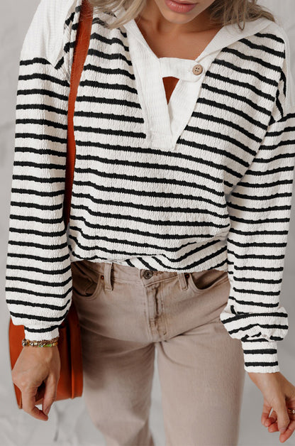 Black Stripe Textured Hooded Long Sleeve Top