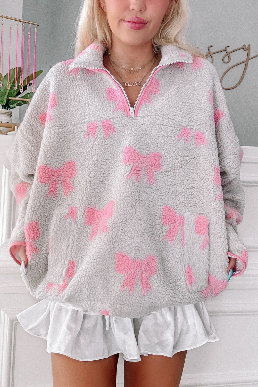 Gray Quarter Zip Bow Pattern Sherpa Baggy Sweatshirt