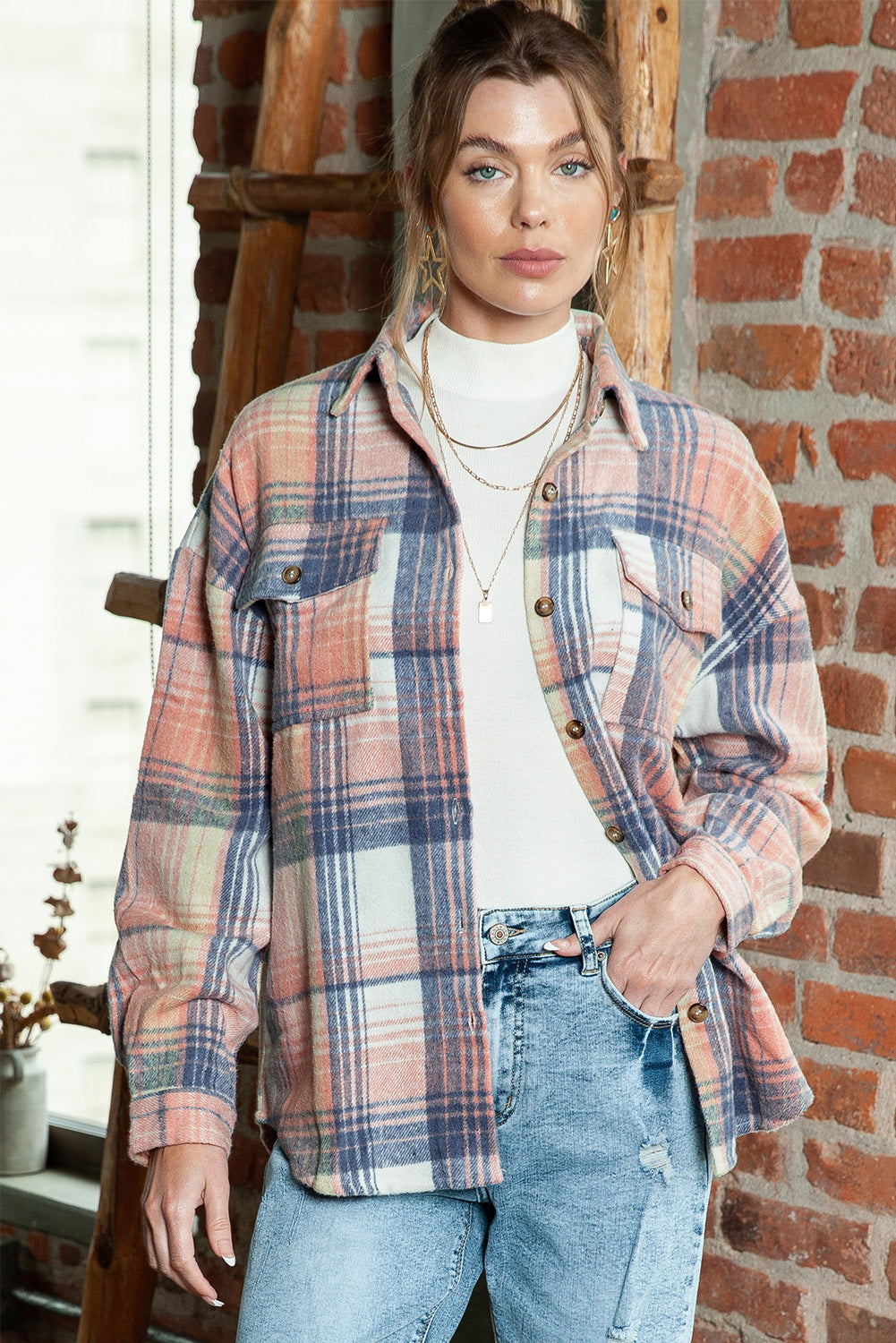 Gold Flame & Grey Plaid Button Up Collared Flannel Jacket