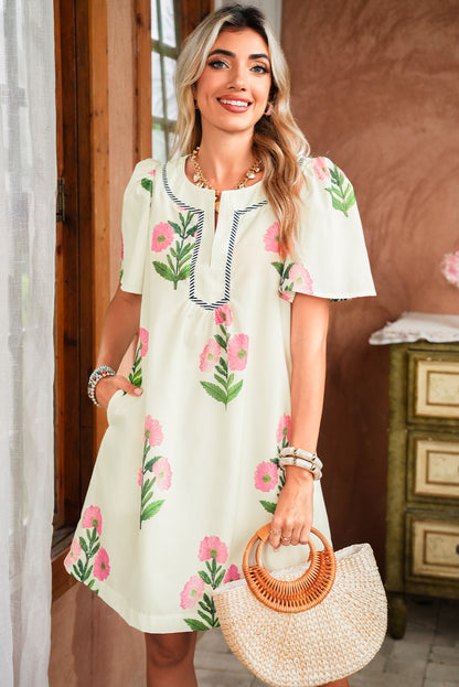 Blue Striped Trim Short Sleeve Split Neck Floral Mini Dress