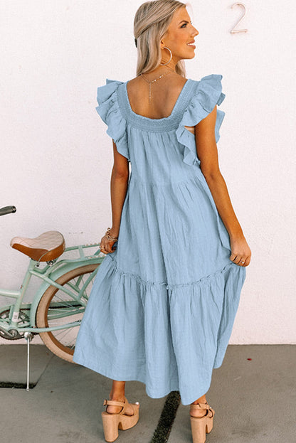 Purple Ruffled Flutter Sleeve Square Neck Textured Tiered Maxi Dress