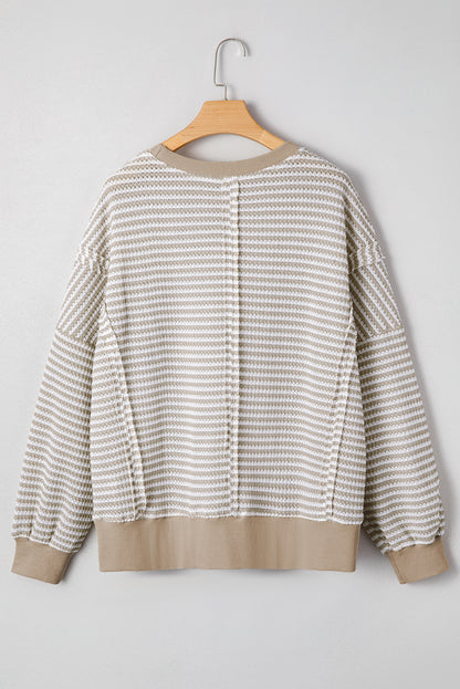 Red Stripe Ribbed Trim Drop Shoulder Long Sleeve Oversized Top