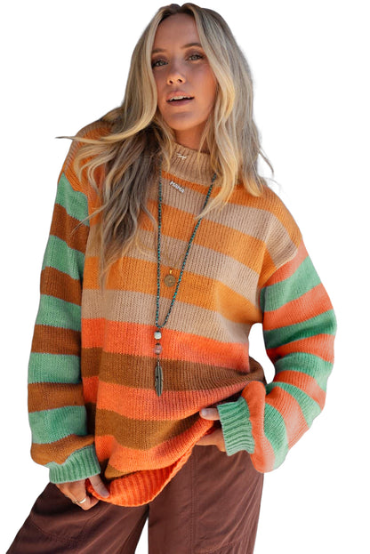 Orange Striped Colorblock High Neck Drop Shoulder Cozy Sweater