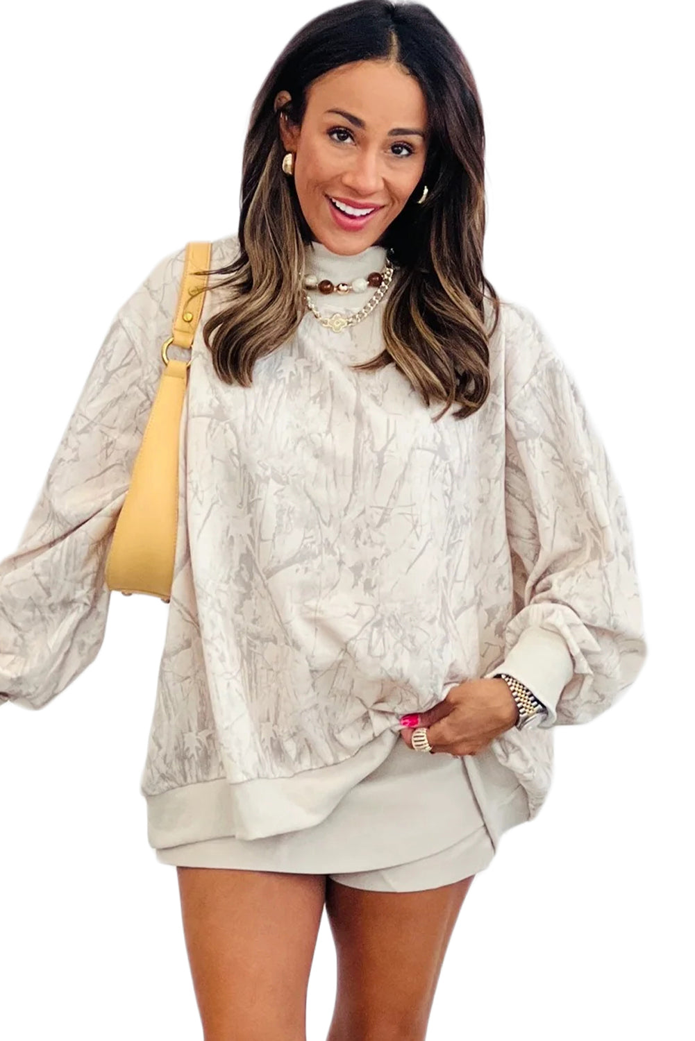 Pink Camo Print Mock Neck Loose Sweatshirt