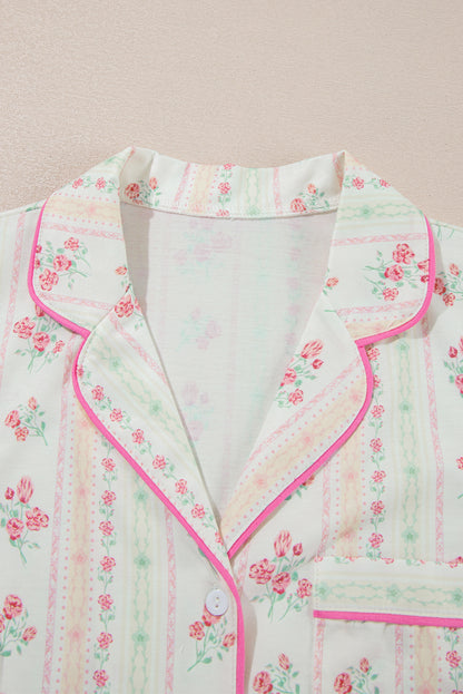 Beige Floral Print Ruffle Hem Shorts Pajama Set