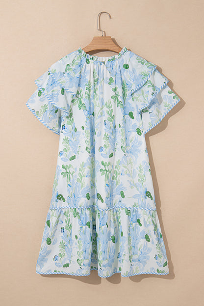 Sky Blue Floral Contrast Edge Ruffle Sleeve Tie Neck Mini Dress